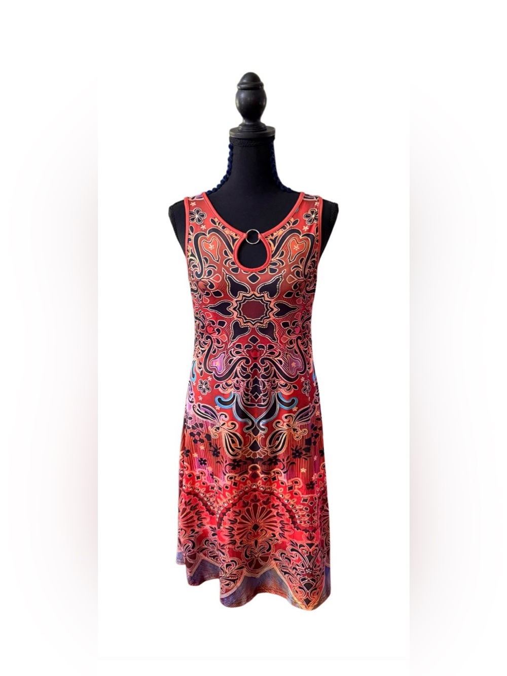 Denater Sleeveless Red & Coral Patterned Women's Dress with Keyhole Neckline